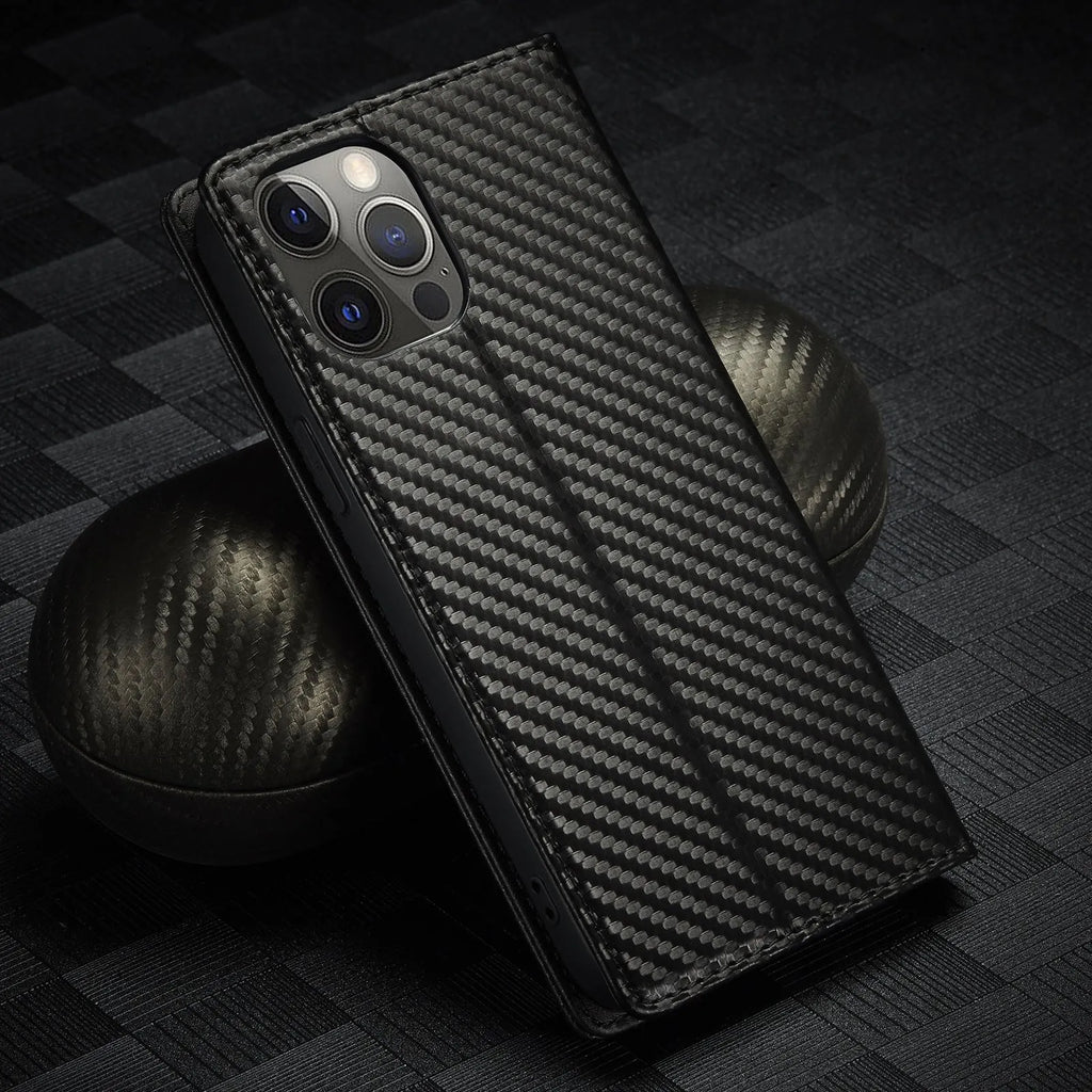 Flip leather phone case with carbon fibre magnetic mixed style in horizontal colour for iPhone