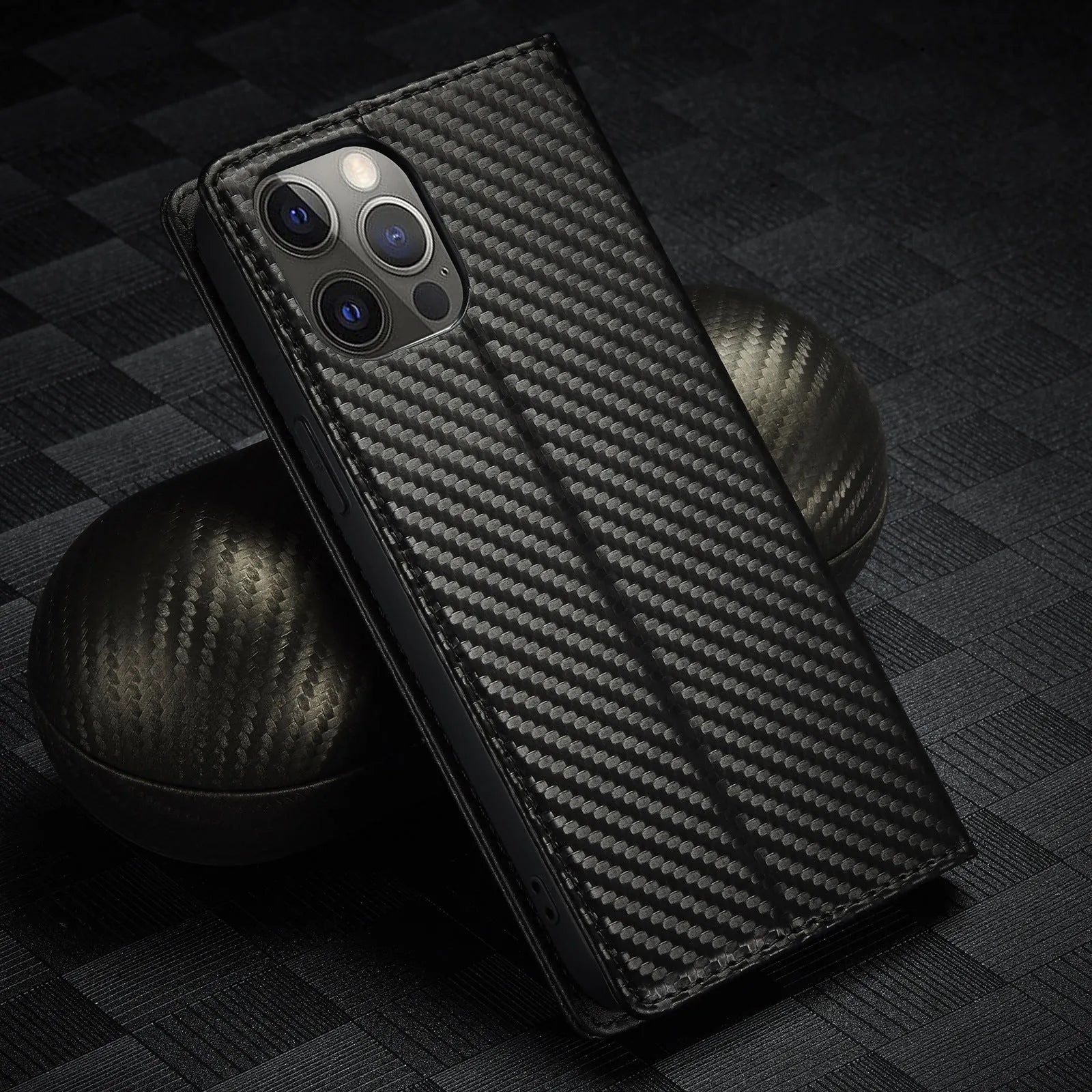 Flip leather phone case with carbon fibre magnetic mixed style in horizontal colour for iPhone