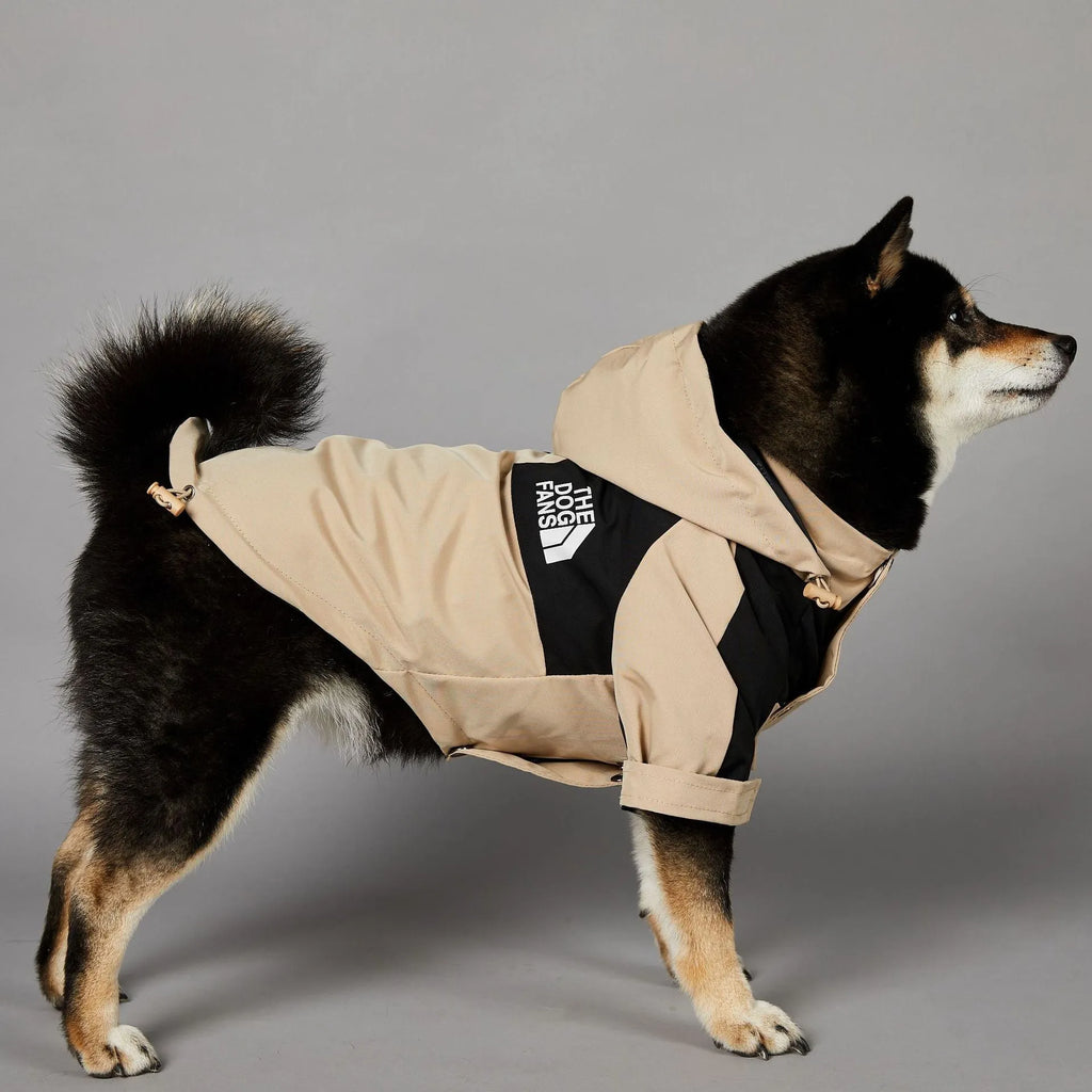 Khaki polyester dog shell jacket with zip closure shown on a dog