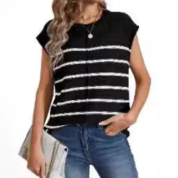 Women's striped sleeveless V-neck pullover top in apricot colour