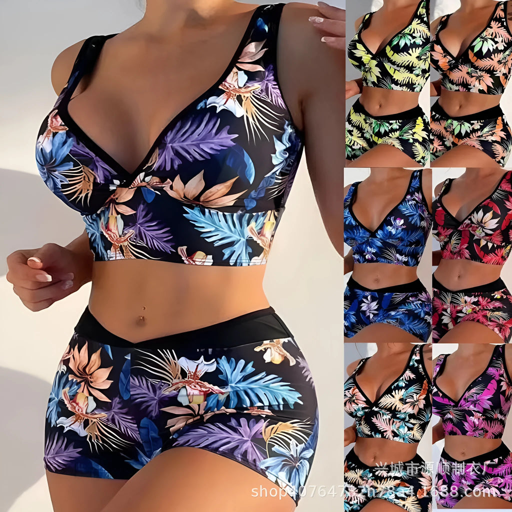 Women's two-piece swimsuit with printed boxer-style bikini bottoms in multi-colour patterns