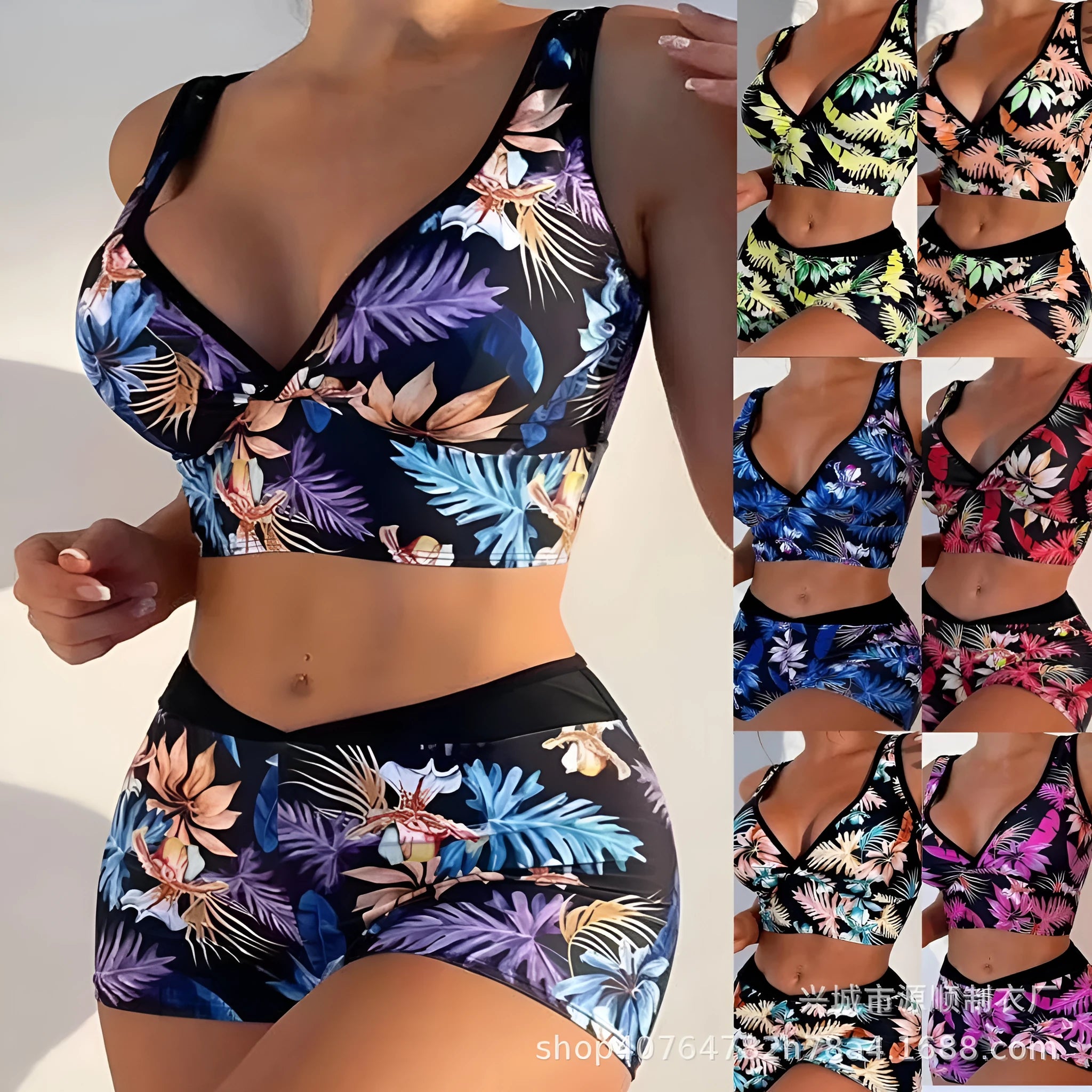 Women's two-piece swimsuit with printed boxer-style bikini bottoms in multi-colour patterns