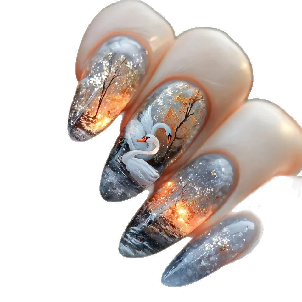 WM-43 Swan Lake Dance medium almond false nails with starry sky pattern, glue type plastic wearable armour set