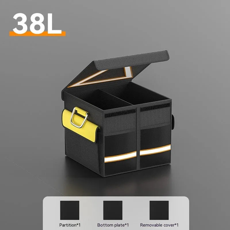 Black and yellow foldable fabric car boot storage organiser bag with handle