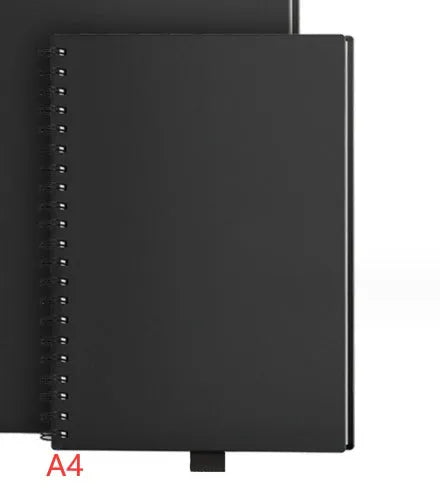 Rewritable paper notebook with black PP cover, spiral binding, and pen on a desk
