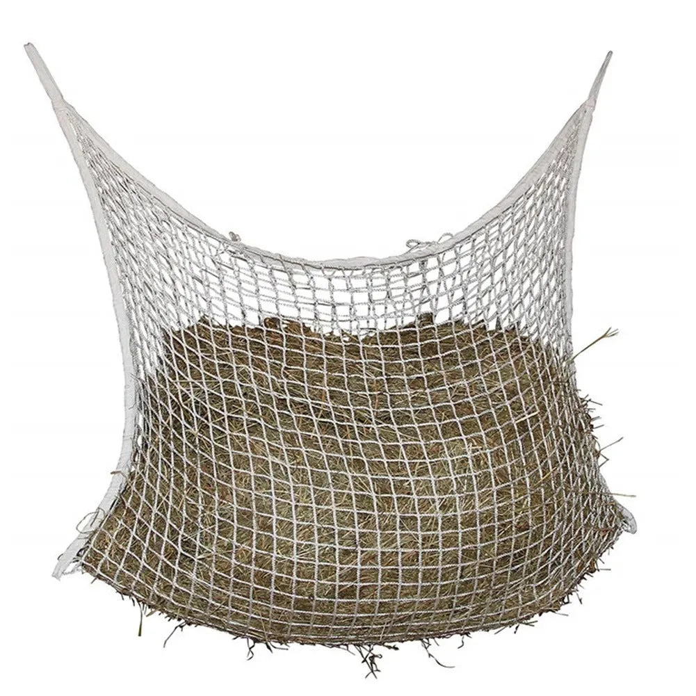Woven polyethylene rope horse feeding bag with grid design in black colour