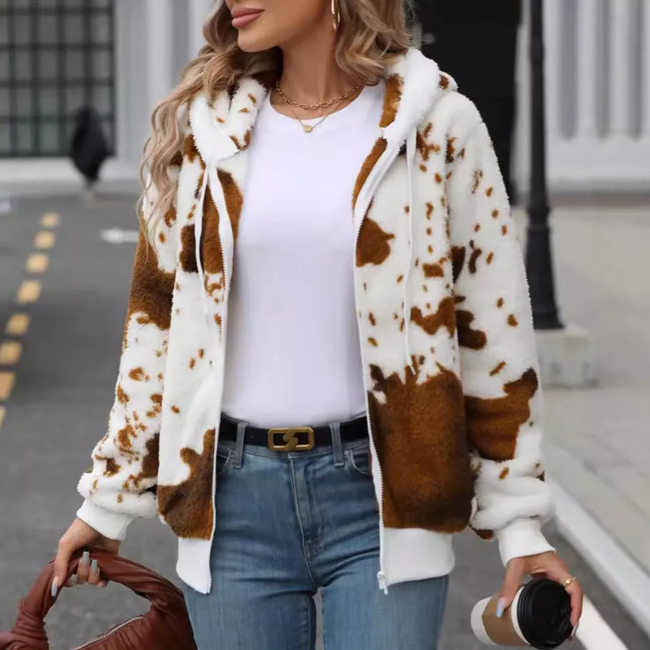Yellow brown cow animal print hooded cardigan jacket with zipper closure and threads detail