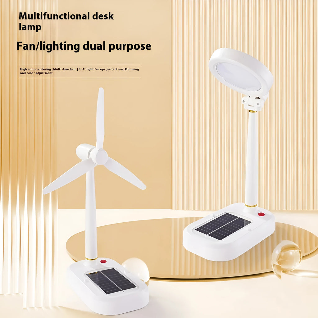 Ivory white solar charging table fan with integrated LED study lamp on a desk