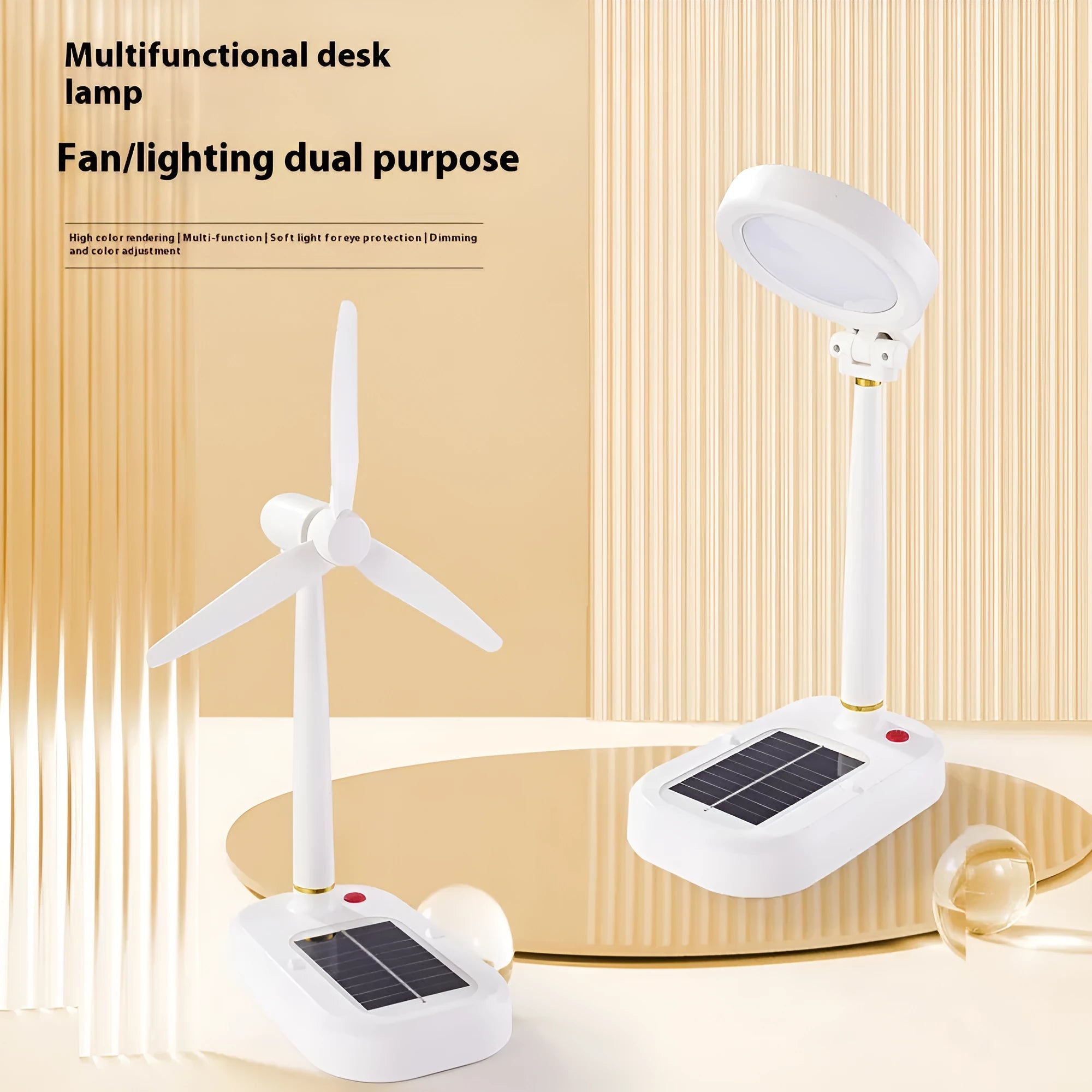 Ivory white solar charging table fan with integrated LED study lamp on a desk