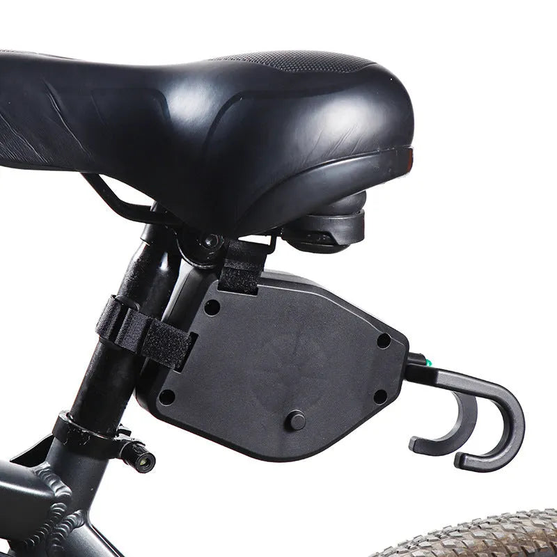 Black plastic resin bicycle trailer rope with hook-and-loop fastening for trailer security