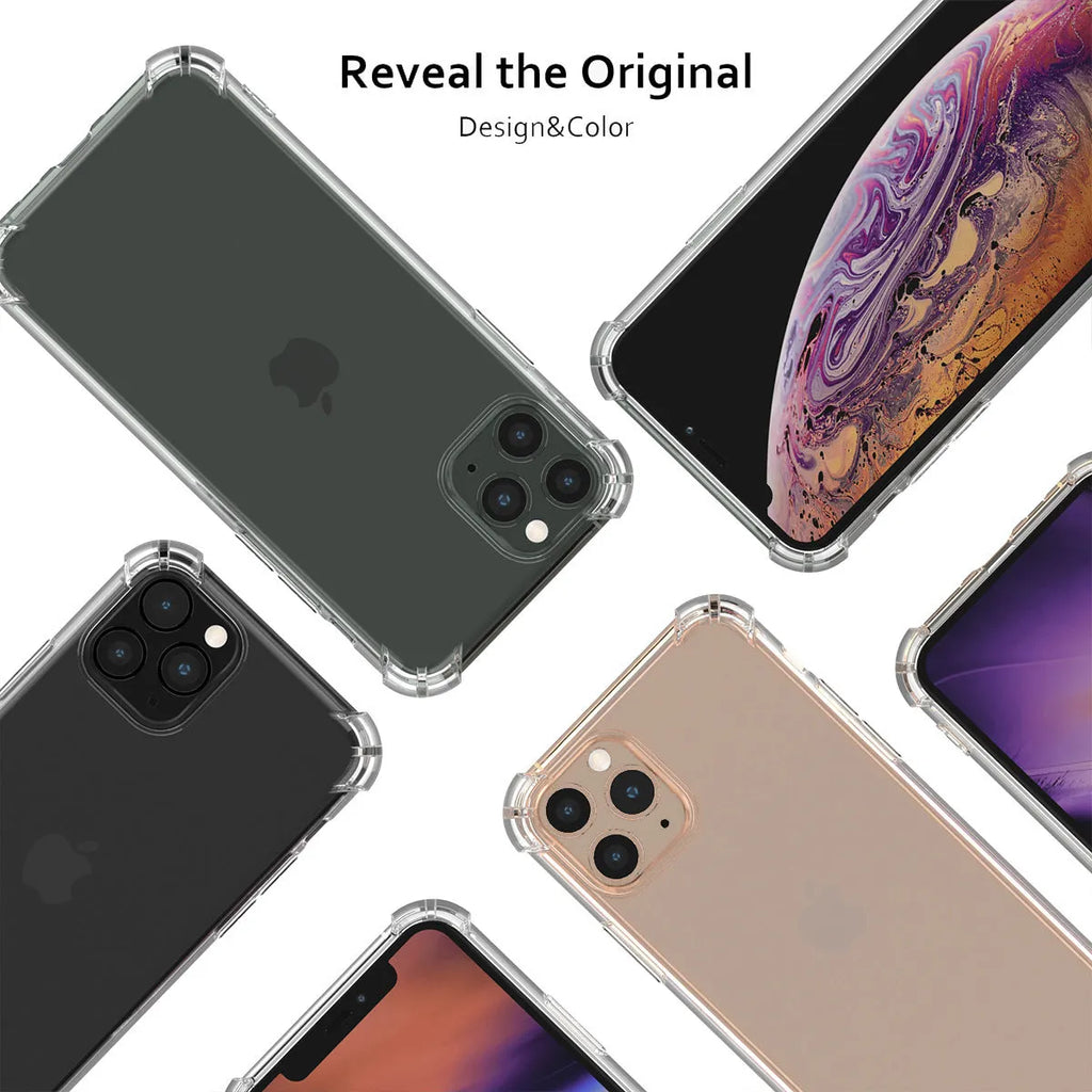 Transparent shockproof TPU phone case for Apple iPhone, shown on a table.