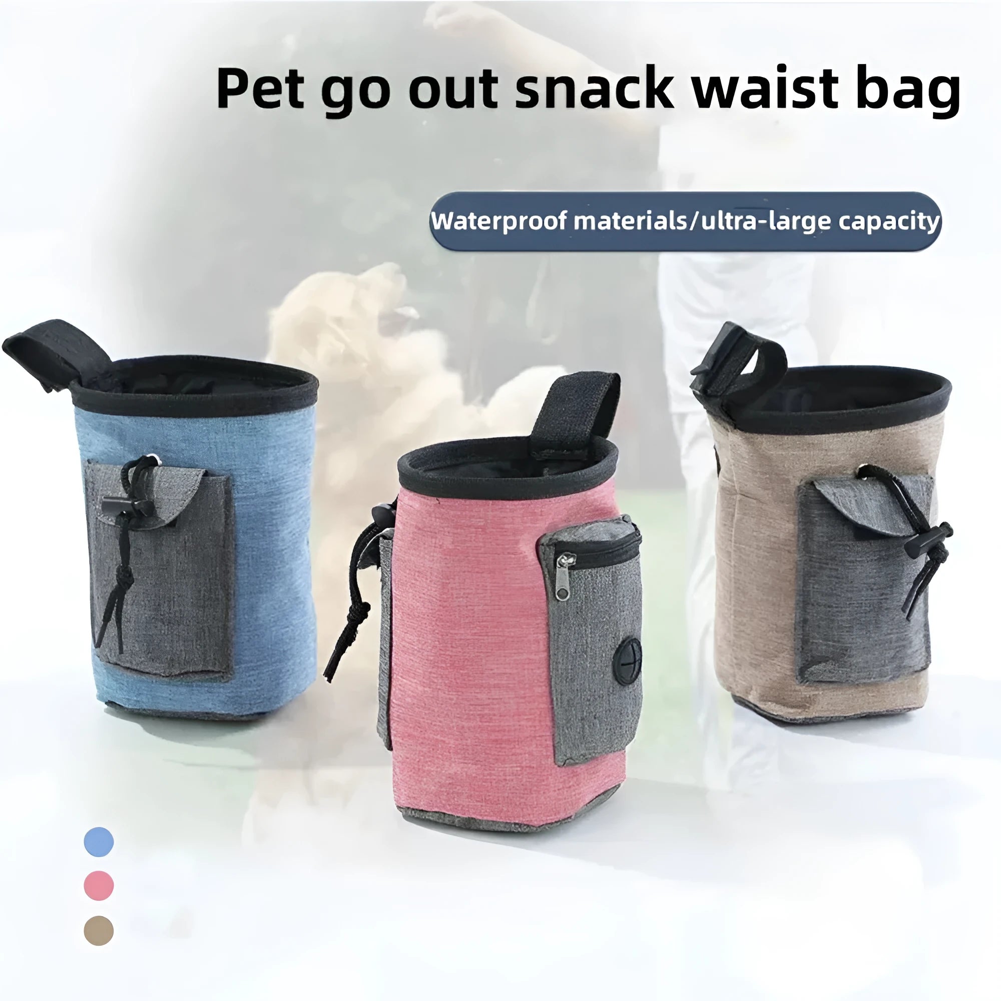 Portable pet outdoor training waist bag in blue, showing clip and elastic opening.