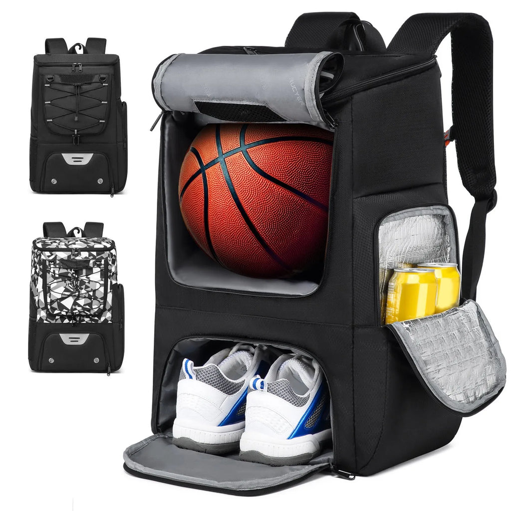 Black Oxford cloth basketball training backpack with large capacity for sports equipment.