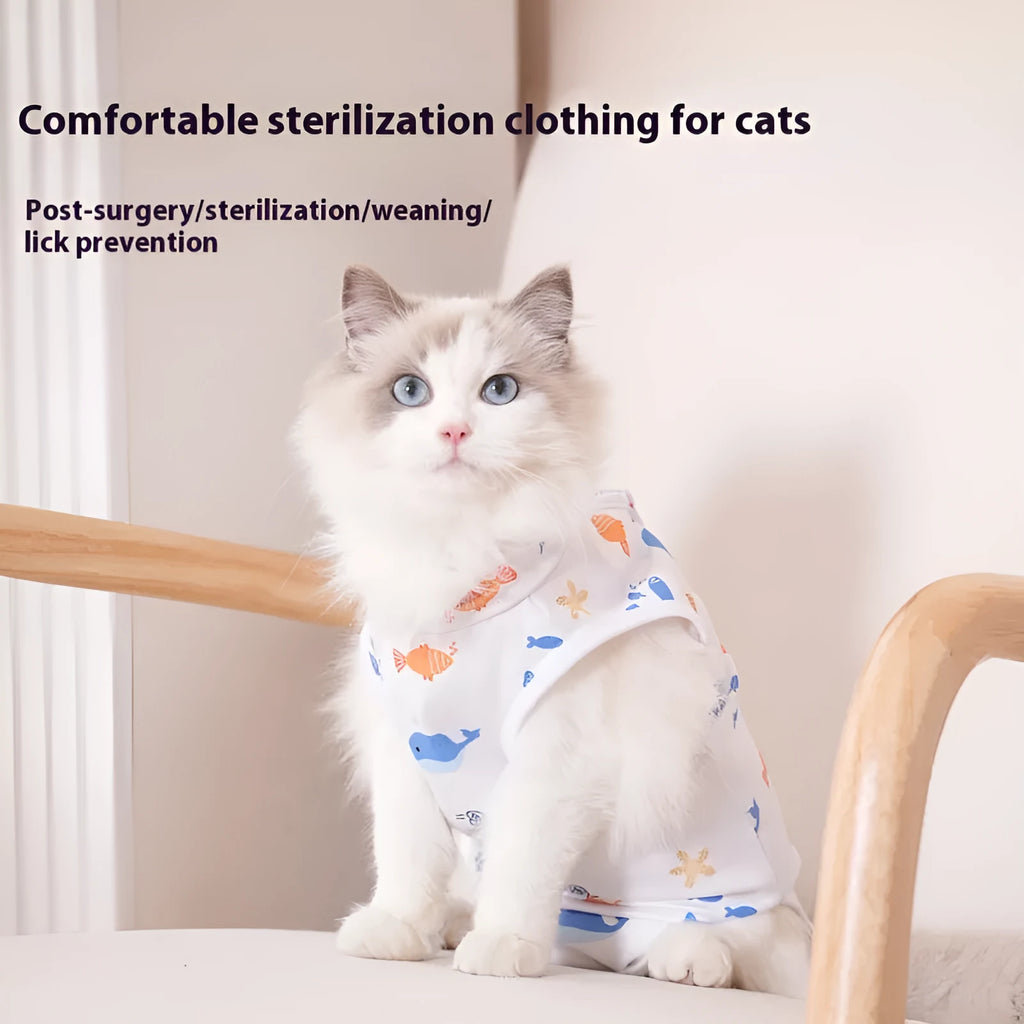 A cat wearing a printed polyester recovery suit with Velcro fastening on its side.
