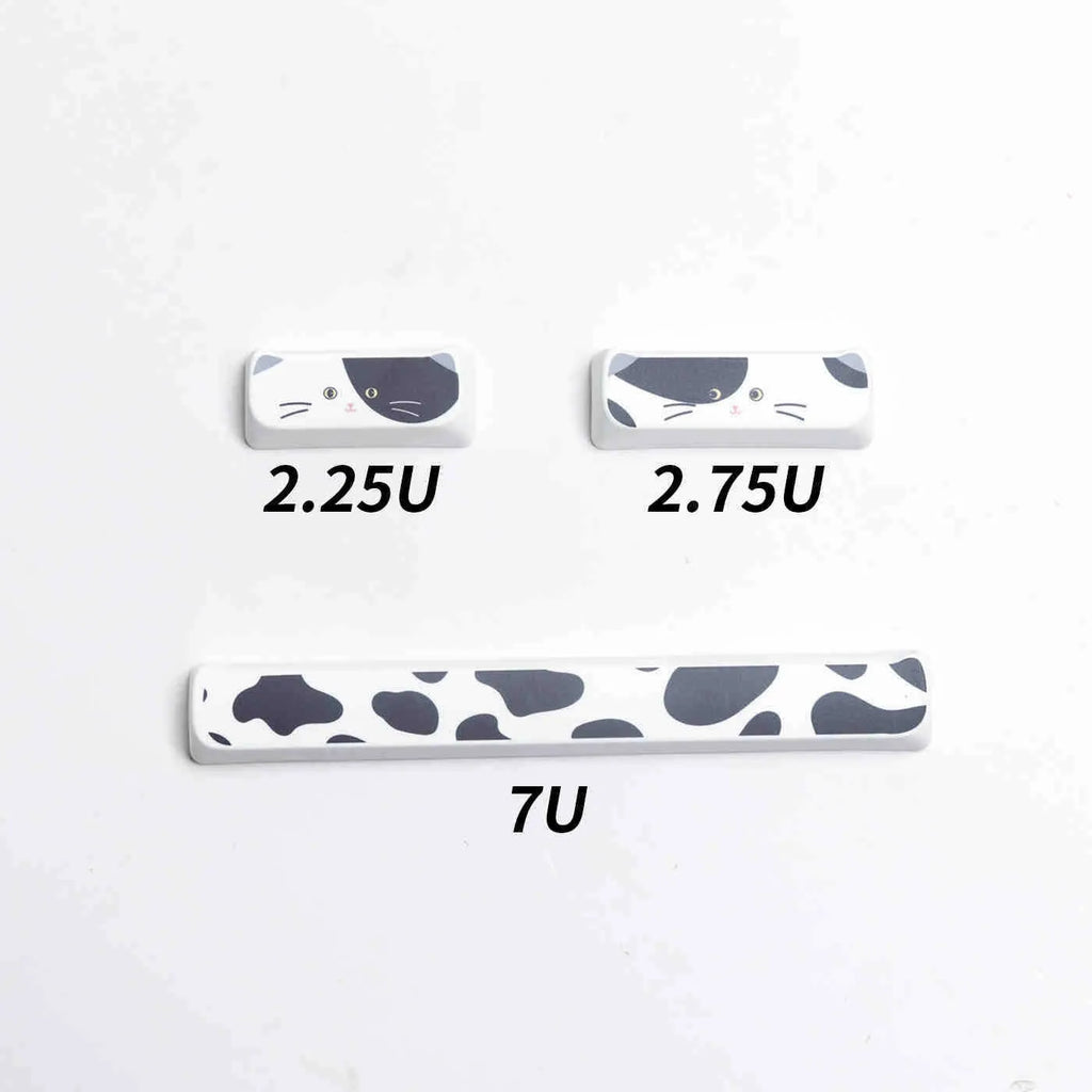 Black and white kitten sublimation PBT key cap set in boxed packaging, full layout excluding 7u and March space keys