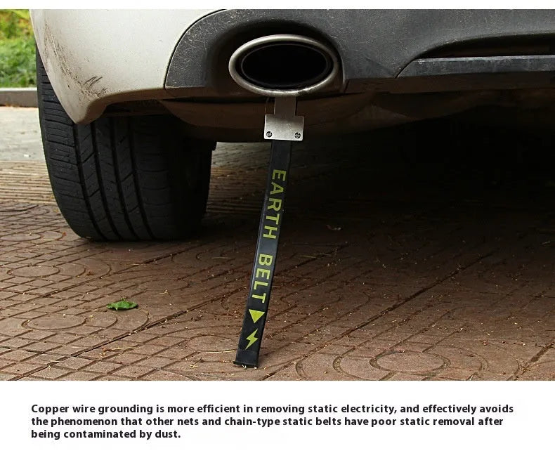 Black car electrostatic belt with a coiled copper wire grounding chain, measuring 370 mm in length.