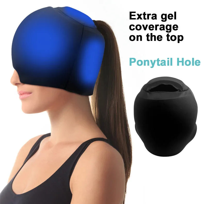Simple solid colour fully enclosed cold compress cap for headache relief.