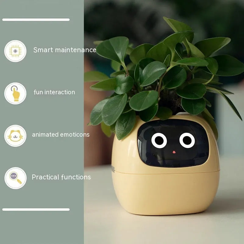 Smart planter with AI chips and 7 sensors, small size 114x100x96mm, green colour, multifunctional screen