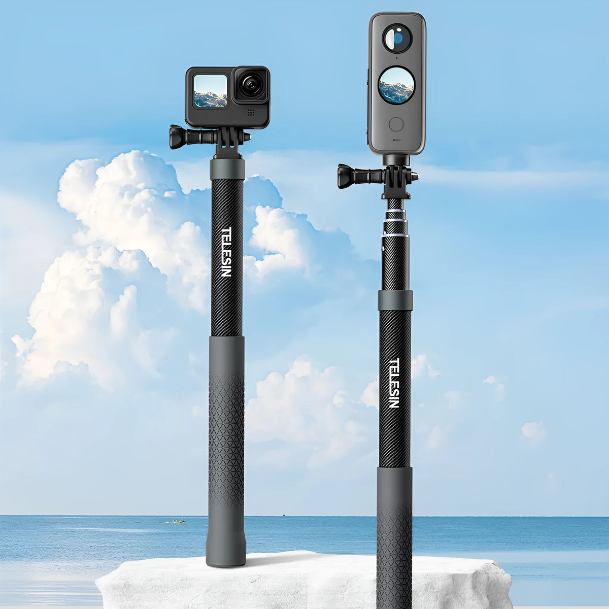 120cm carbon fibre selfie stick for GoPro12 and Insta360 with aluminium alloy and silica gel