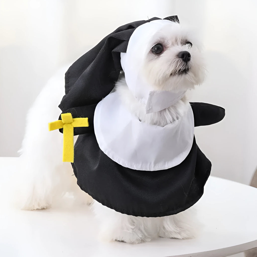 Black nun dress costume for cat or dog on mannequin