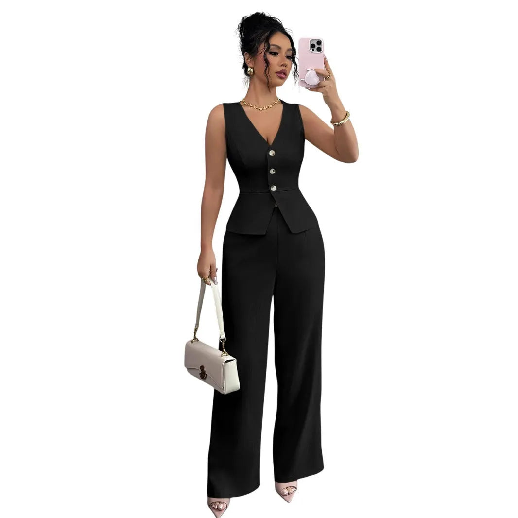 Women's casual two-piece set with sleeveless vest and high-waist trousers in solid colours