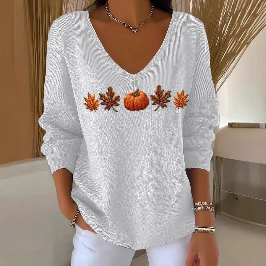 Women's V-neck long sleeve pullover top with 3D digital print and contrast colour in street fashion style