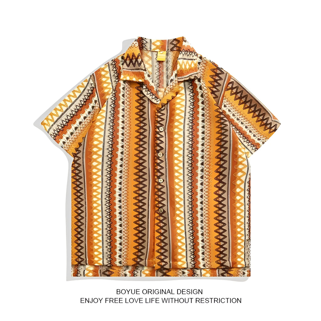 Ethnic woven Cuban collar shirt with contrast colours and short drop-shoulder sleeves.