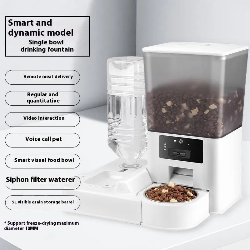 5L intelligent pet feeder with stainless steel bowl, available in button, WIFI, video, and smart island models