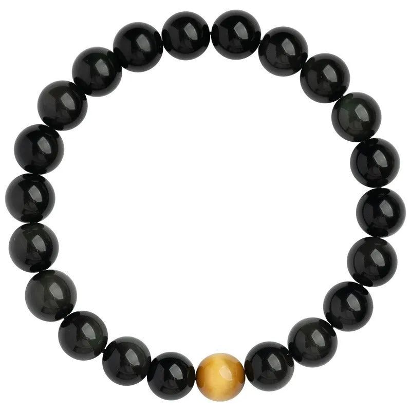 Black geometric obsidian bead bracelet shown in three size options: 6mm, 8mm, and 10mm beads.