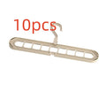 Plastic nine-hole folding clothes hanger for trousers in green, blue, pink, beige, and grey colour options.