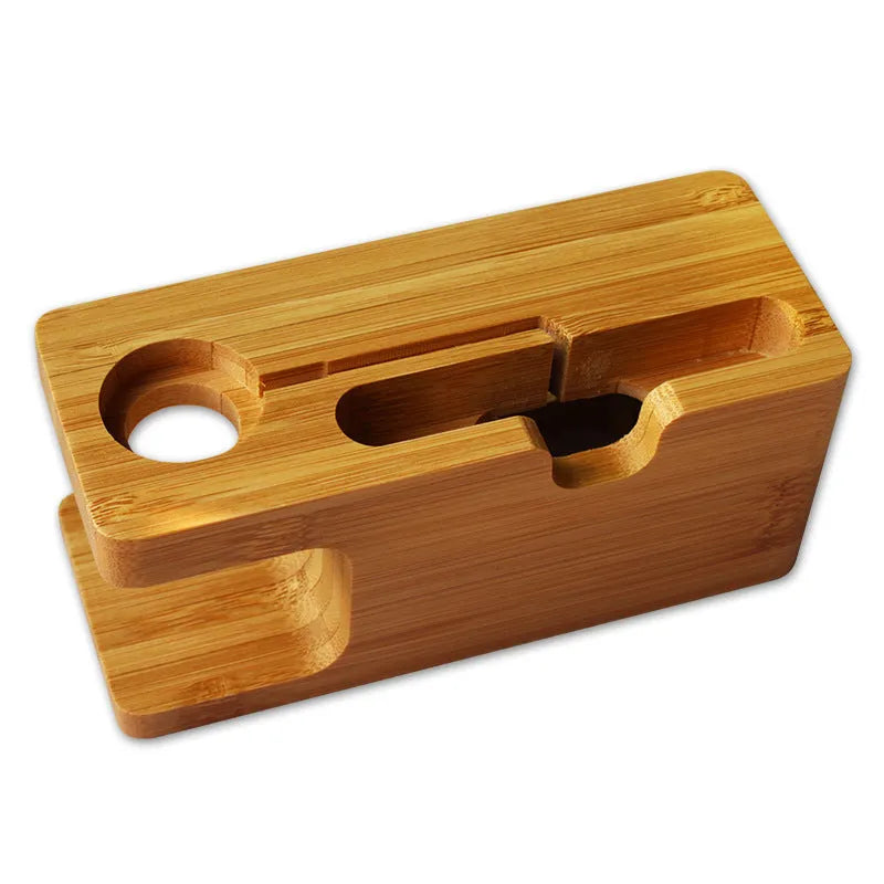 Bamboo watch and smartphone stand with carved details measuring 149mm