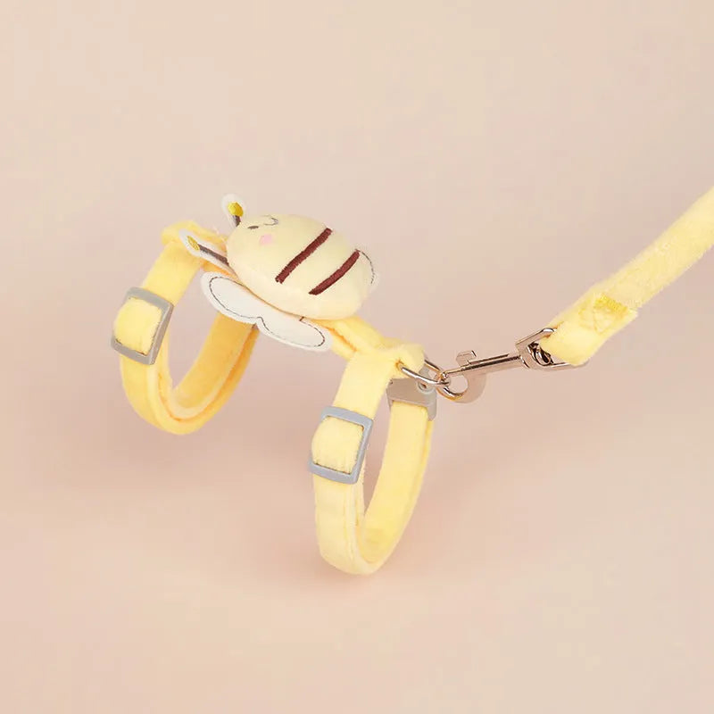 Bee-shaped adjustable cat harness and leash set in blue, pink, or yellow colour.