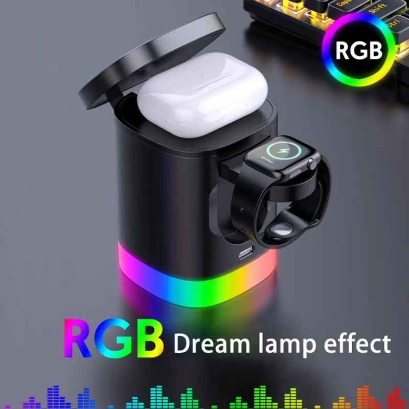Black foldable 3 in 1 magnetic wireless charging station for phones, iWatch and AirPods with RGB indicator lights