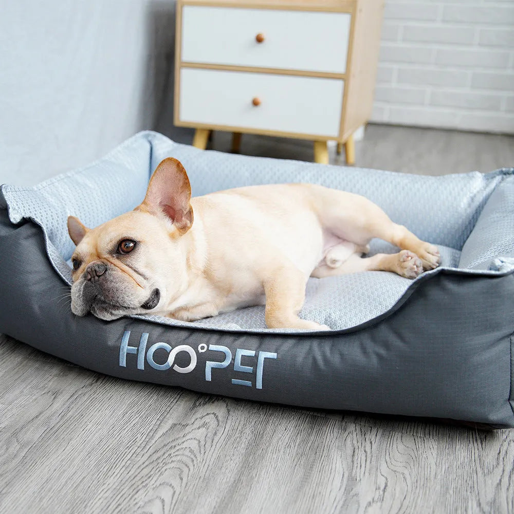 Soft summer dog bed with removable cover shown in small, medium, and large sizes as a pet house nest