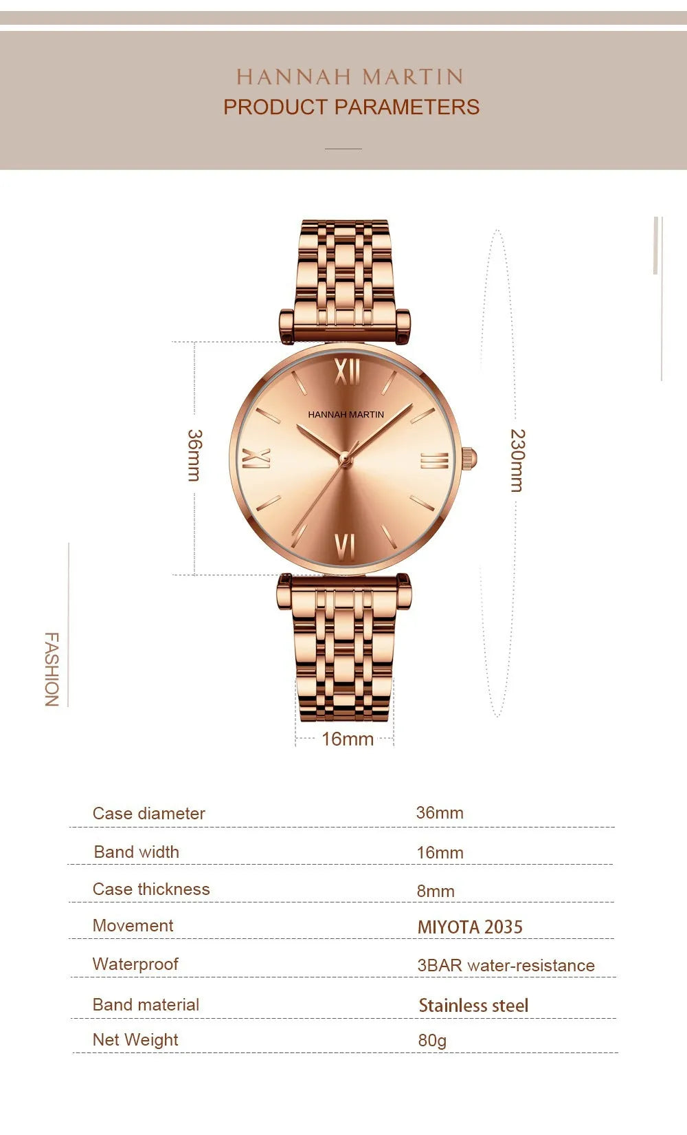 Women's stainless steel band watch, 10mm thick, round dial, business style, rose gold gold or silver finish