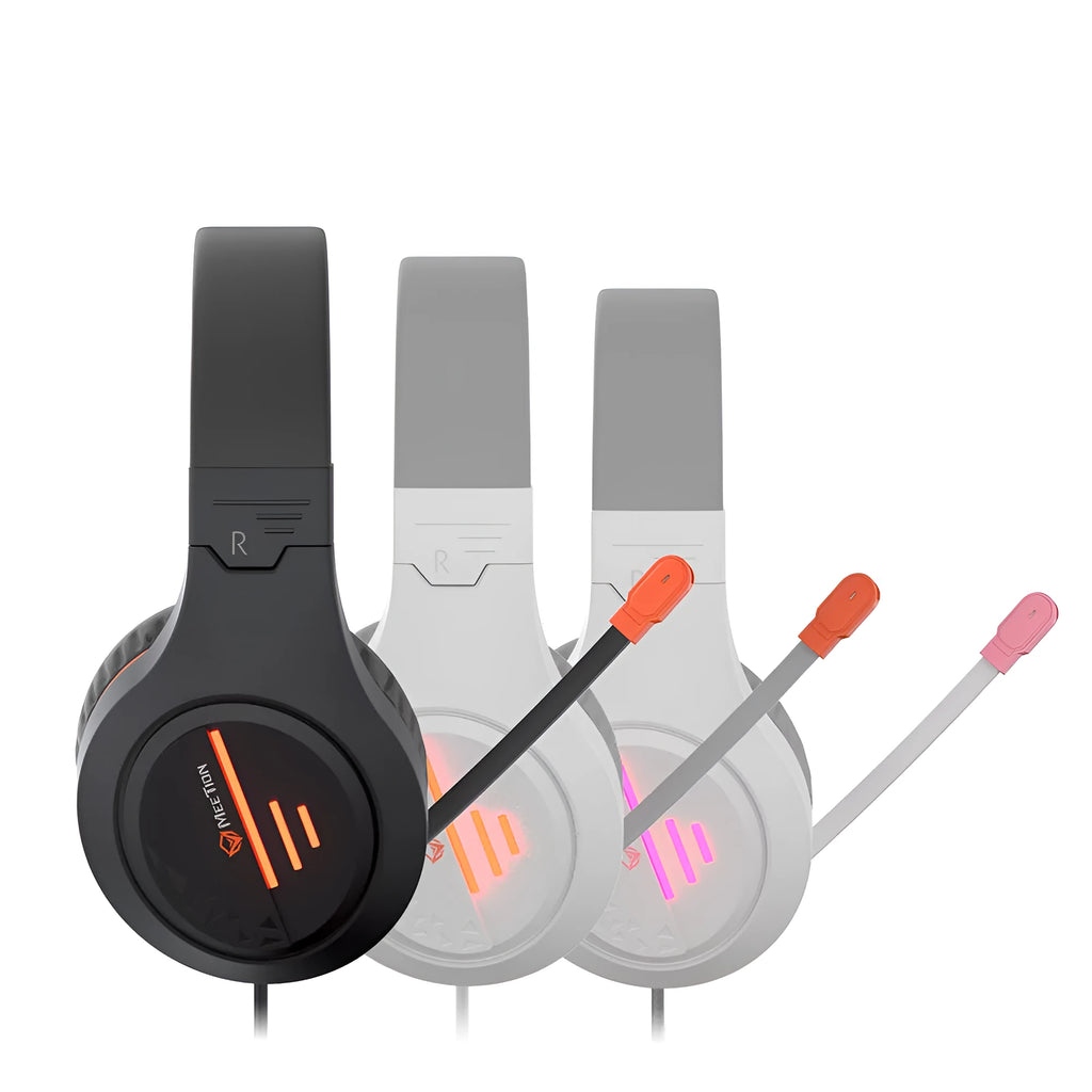 Wired gaming headset with adjustable headband and 50mm speakers in black orange, white orange, or white powder colour options