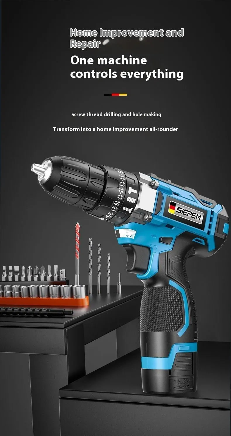 12V cordless impact pistol drill and electric screwdriver set in a box.