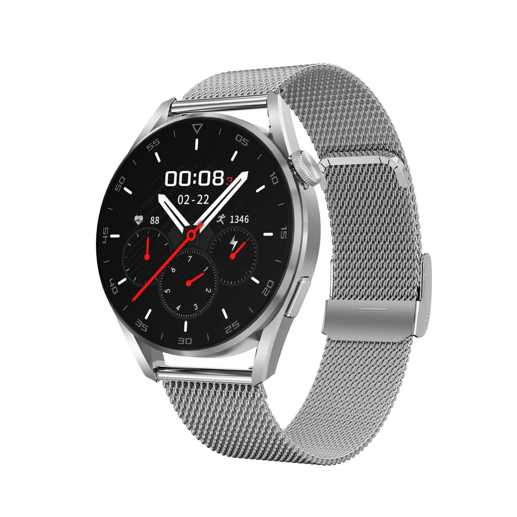 Smart watch with metal wrist strap and 1.3-inch IPS touch screen showing Bluetooth calling interface
