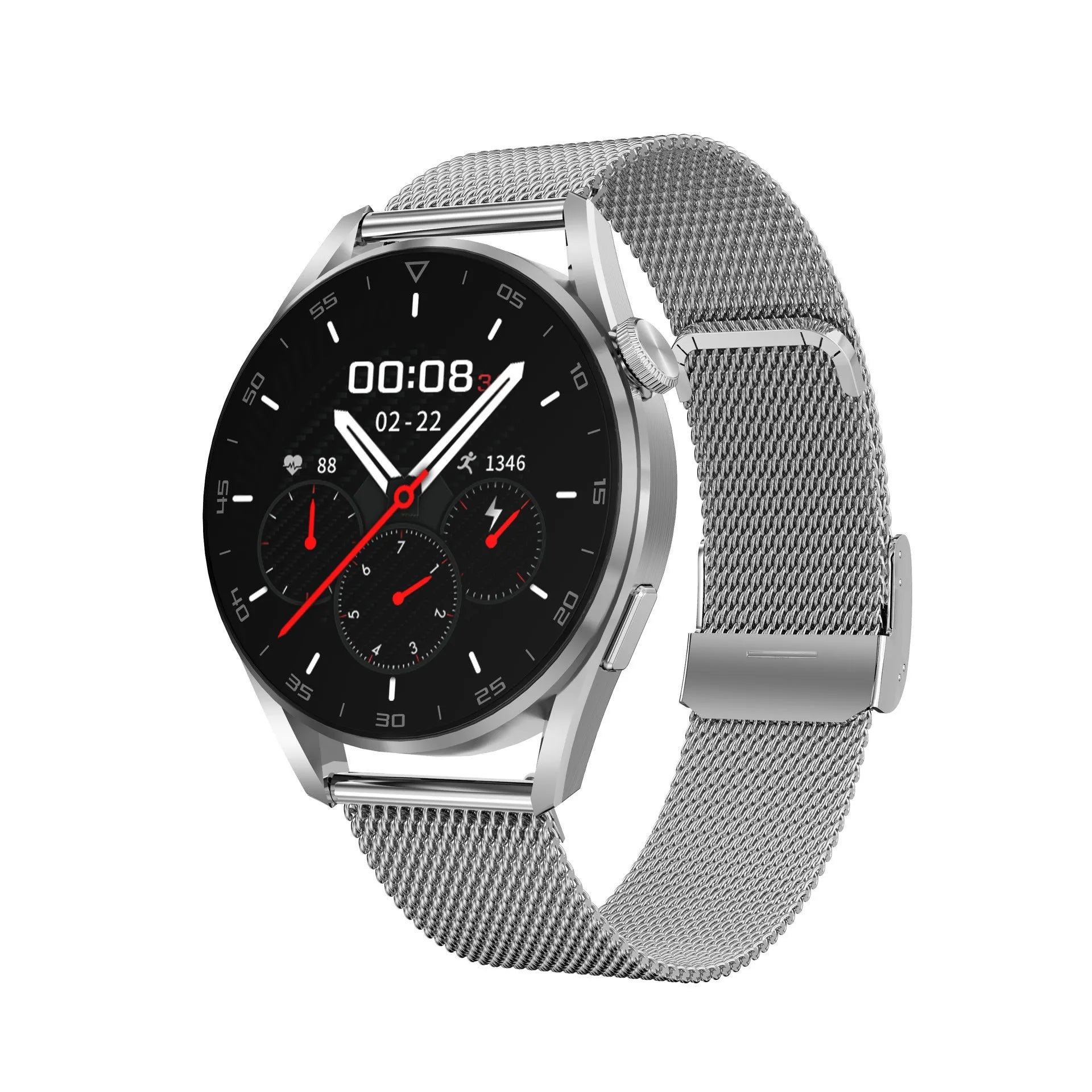Smart watch with metal wrist strap and 1.3-inch IPS touch screen showing Bluetooth calling interface