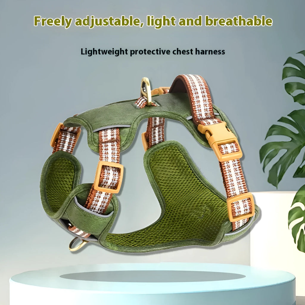 Brown retro leather dog harness with reflective stitching and explosion-proof buckle on adjustable chest strap