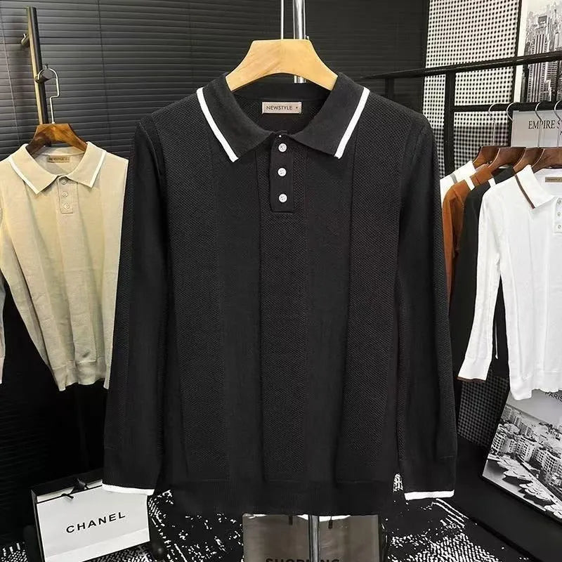 White cotton polo collar colour-blocking long sleeve knit sweater loose fit youth