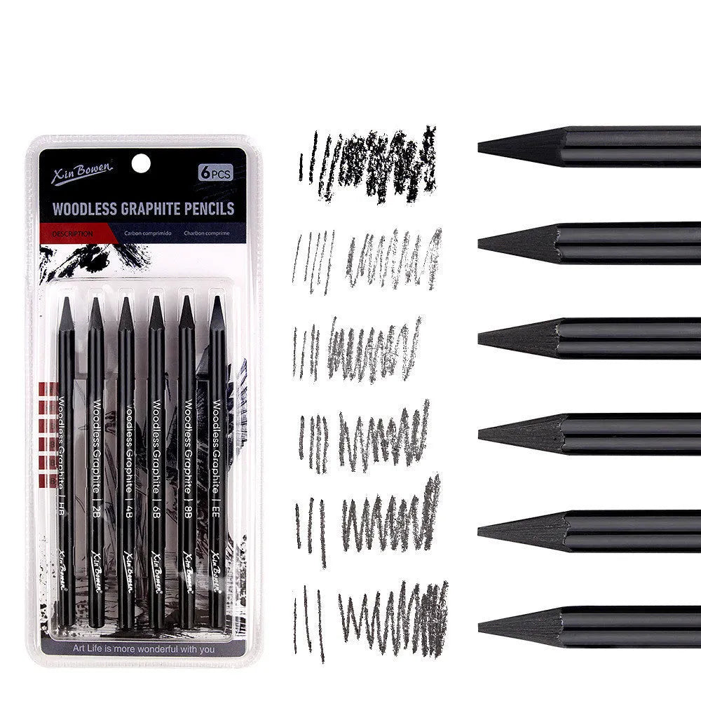 Set of six wood-free graphite sketching pencils in grades HB, 2B, 4B, 6B, 8B, and EE.