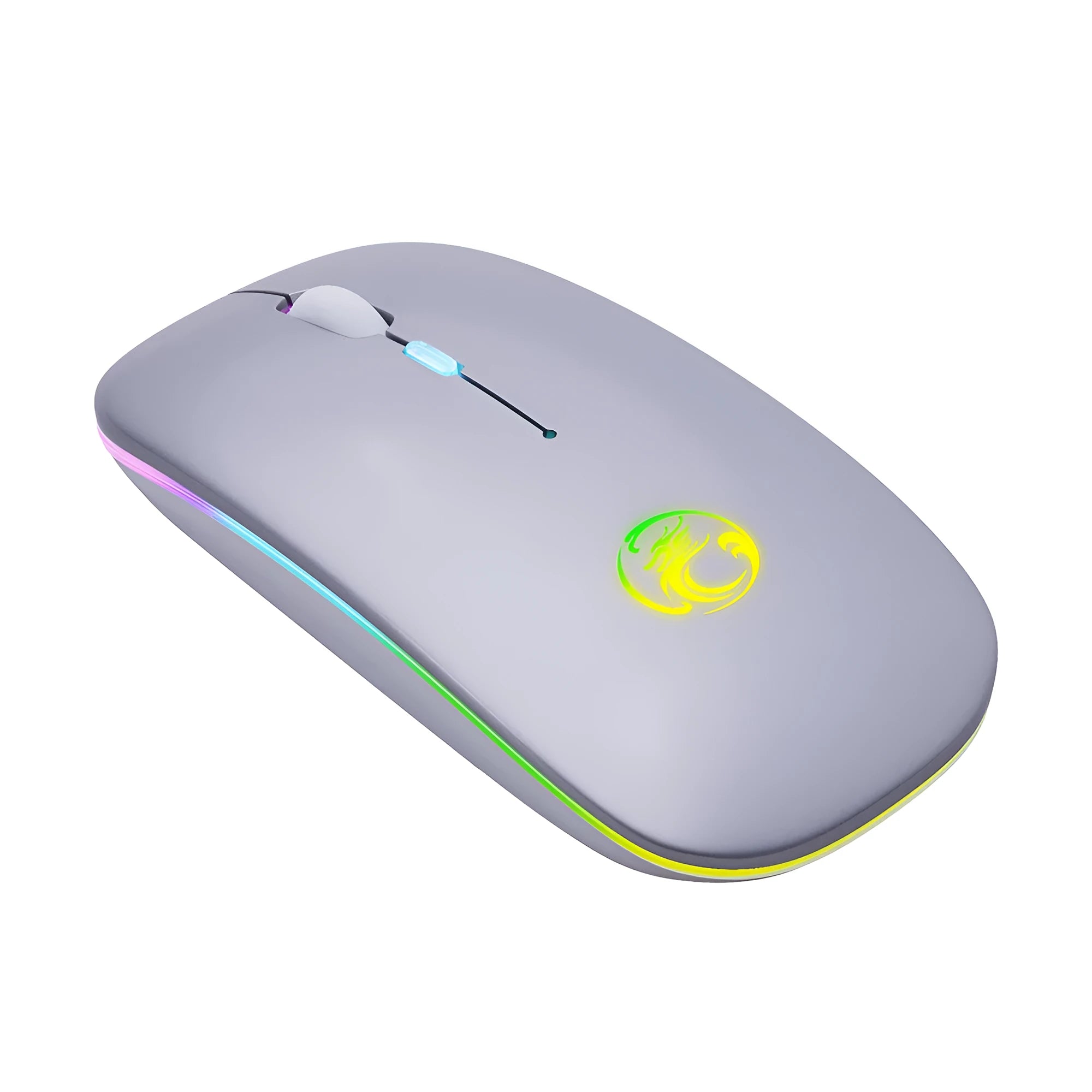 Black and white dual-mode wireless silent mouse with luminous charging scroll wheel on a desk.