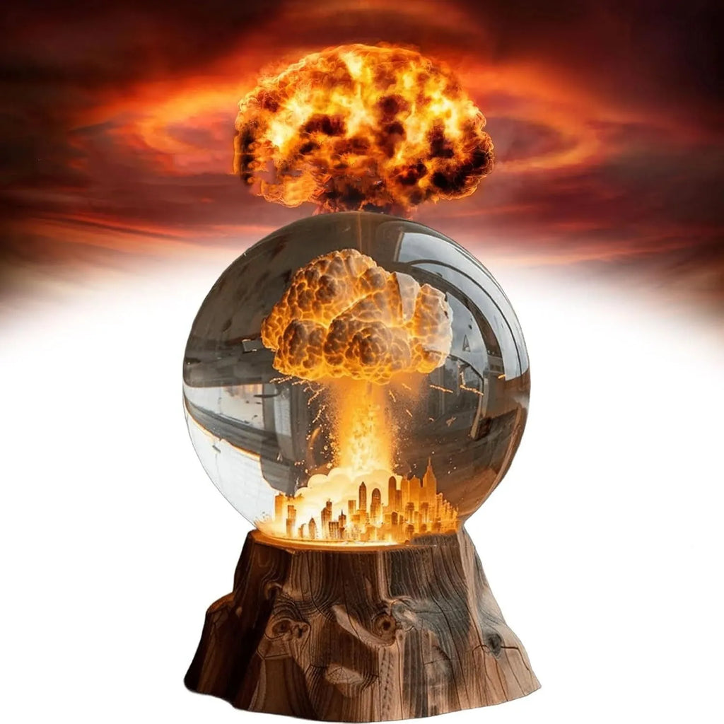 Atomic bomb explosion lamp with 3D mushroom cloud shape, 15 x 8cm hand-painted resin LED night light on a desk