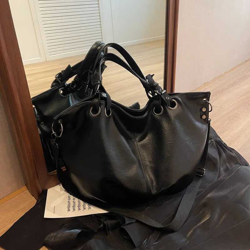 Solid colour PU one-shoulder tote bag with stitching details, horizontal square shape, available in multiple colours