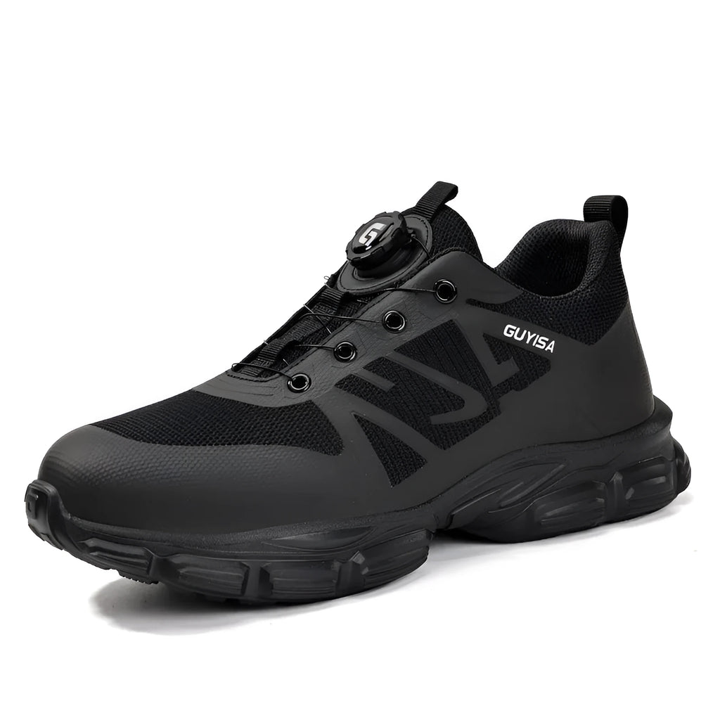 Black lightweight safety shoes with steel toe cap and Kevlar anti-puncture protection
