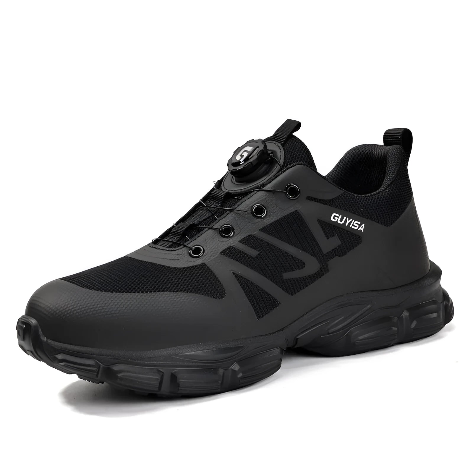 Black lightweight safety shoes with steel toe cap and Kevlar anti-puncture protection