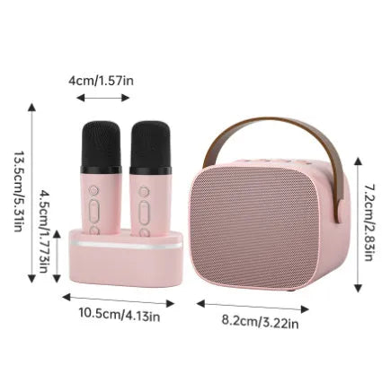 Family singing microphone set with Bluetooth speaker and two dual wireless microphones in four colour options