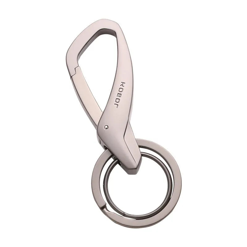 Simple metal double-ring key chain in black, chrome, or nickel finish on a waistband.