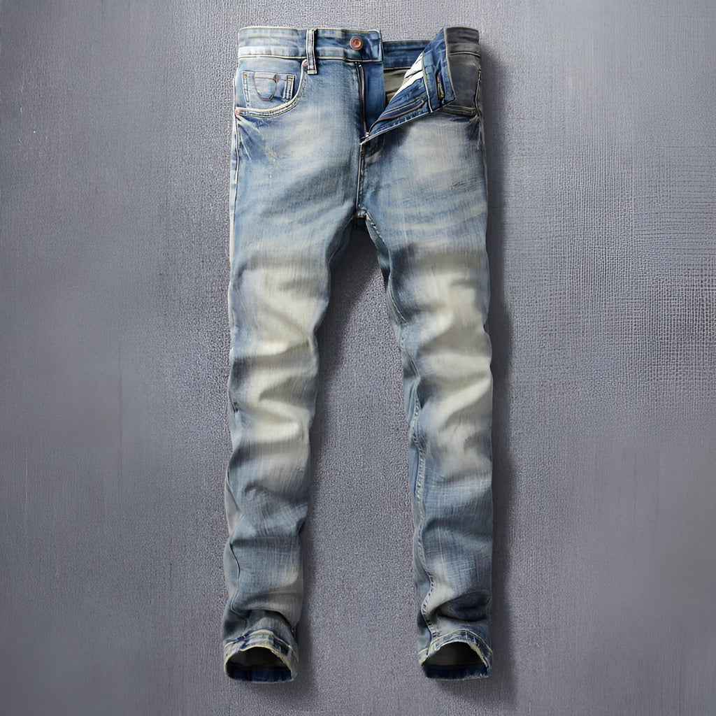 Men's retro straight-leg jeans in distressed blue washed denim with mid waist, zip fly and multiple pockets